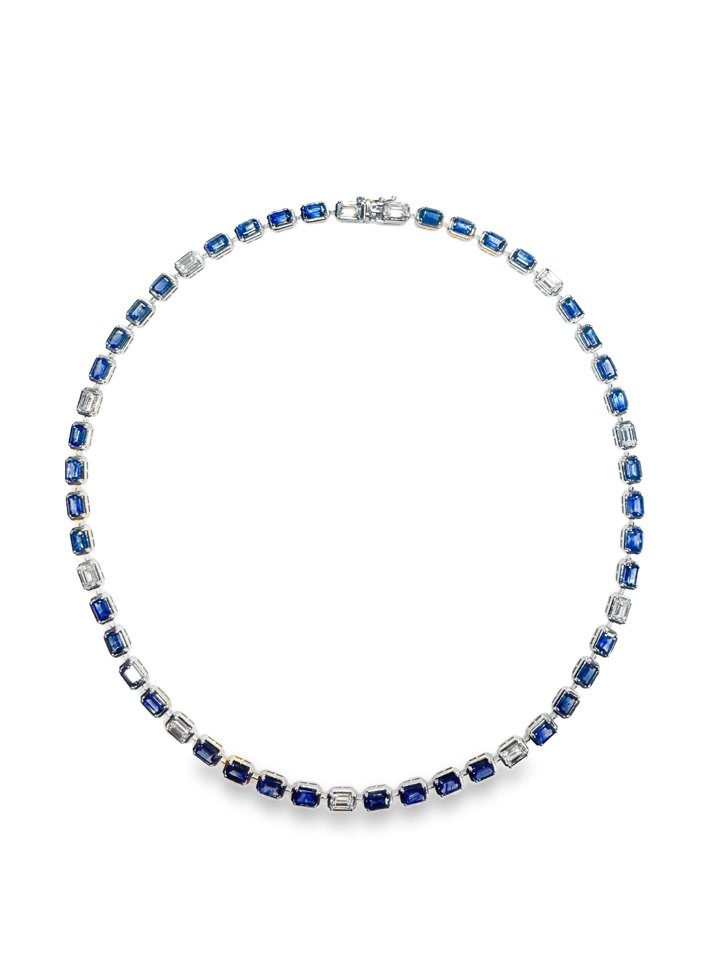 3.53CT Emerald Cut Lab Diamond 12.09CT Blue Sapphire 14K White Gold Necklace