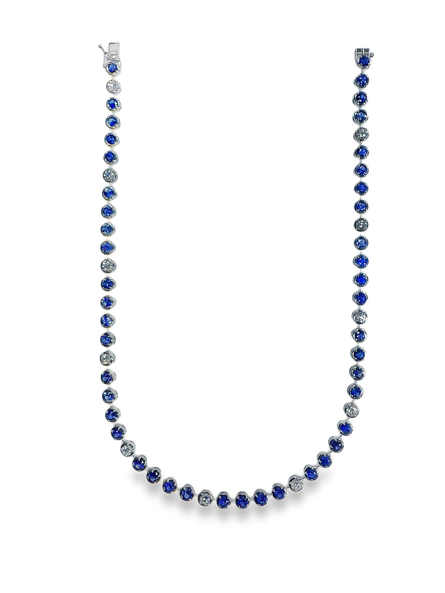 2.65CT Round Lab Diamond 11.69CT Blue Sapphire 14K White Gold Necklace