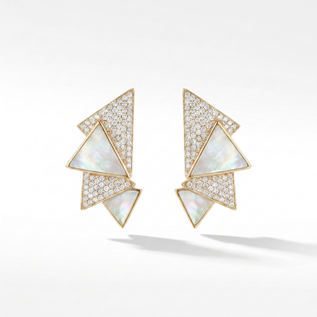 14K Gold White Mother of Pearl & Diamond Geometric Earrings