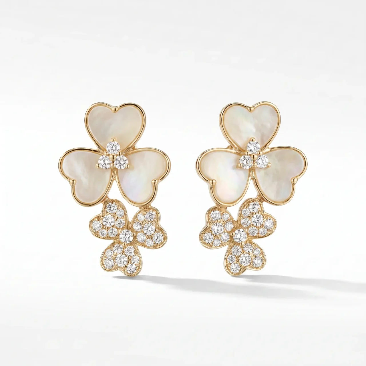 14K Gold White Mother of Pearl & Diamond Clover Earrings