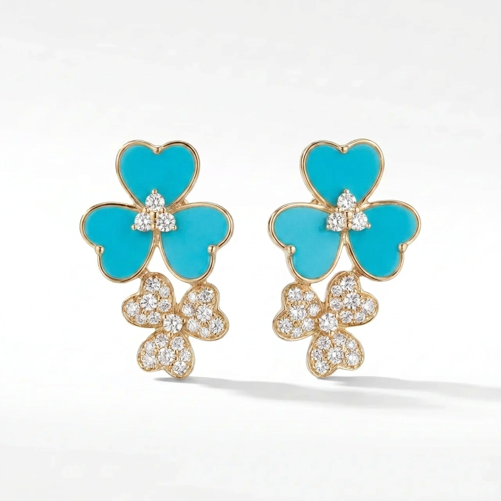 14K Gold Turquoise & Diamond Flower Earrings