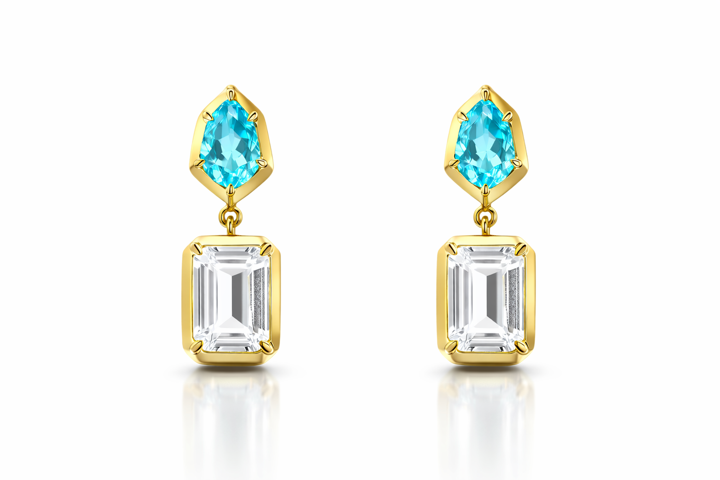 0.98CT Blue Topaz 1.86CT White topaz 14k Yellow Gold Earring