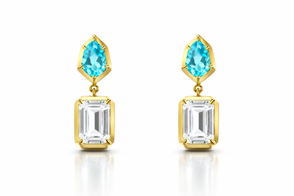 0.98CT Blue Topaz 1.86CT White topaz 14k Yellow Gold Earring