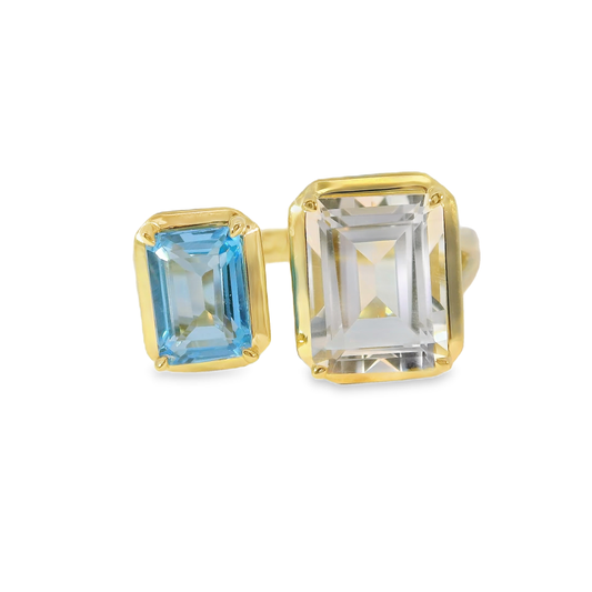 1.05CT Blue and 2.31CT White Topaz Ring 14K Yellow Gold