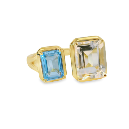 1.05CT Blue and 2.31CT White Topaz Ring 14K Yellow Gold