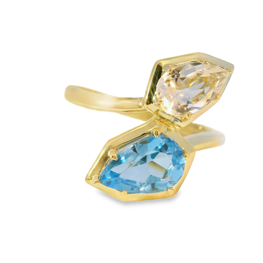 1.52CT Blue and 0.87CT White Topaz Ring 14K Yellow Gold