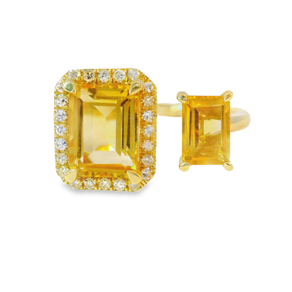 0.12CT Diamond and 1.99CT Emerald Cut Yellow Quartz Ring 14K Yellow Gold