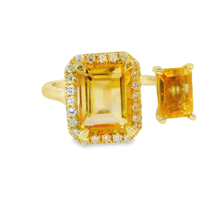 0.12CT Diamond and 1.99CT Emerald Cut Yellow Quartz Ring 14K Yellow Gold
