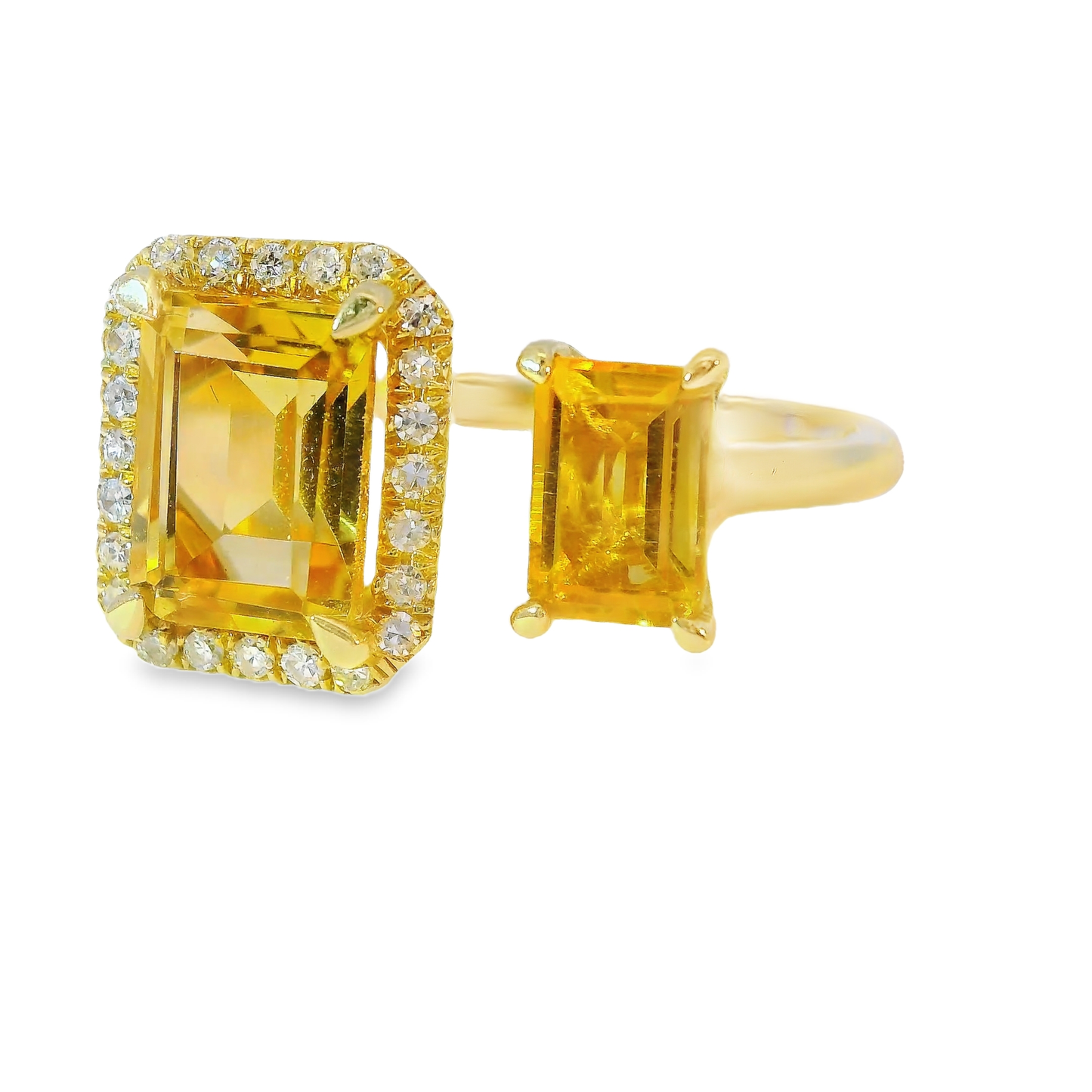 0.12CT Diamond and 1.99CT Emerald Cut Yellow Quartz Ring 14K Yellow Gold