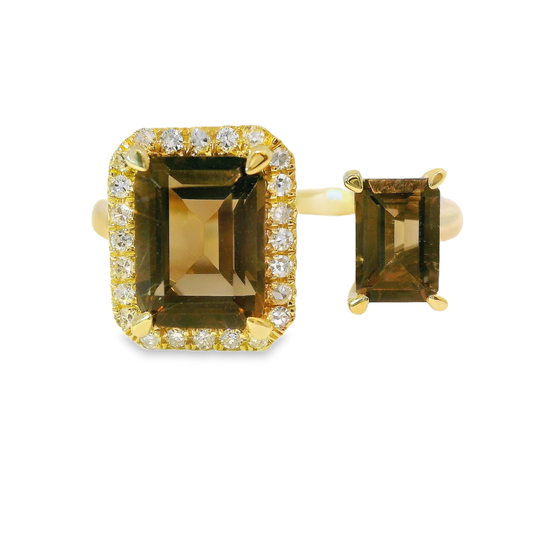 0.12CT Diamond and 2.16CT Emerald Cut Smokey Quartz Ring 14K Yellow Gold