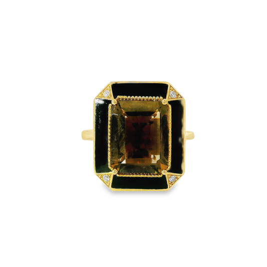 0.03CT Diamond and 3.56CT Emerald Cut Smokey Quartz Ring 14K Yellow Gold