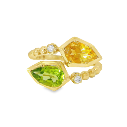 0.05CT Diamond and 1.75CT Green Peridot and Citrine Ring 14K Yellow Gold