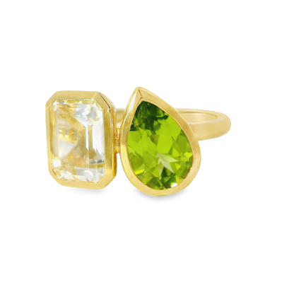 2.05CT White Topaz ands 1.39CT Green Peridot Ring 14K Yellow Gold