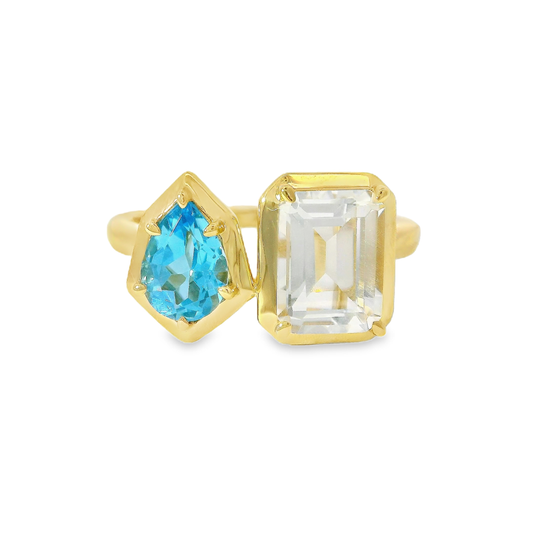 0.73CT Blue Topaz and 1.89CT White Topaz Ring 14 Yellow Gold