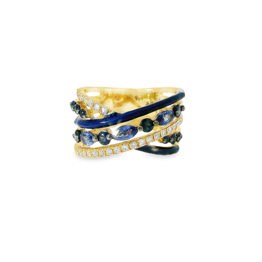 0.26CT Diamond and 1.30CT Blue Sapphire with Blue Enamel 14K Yellow Gold