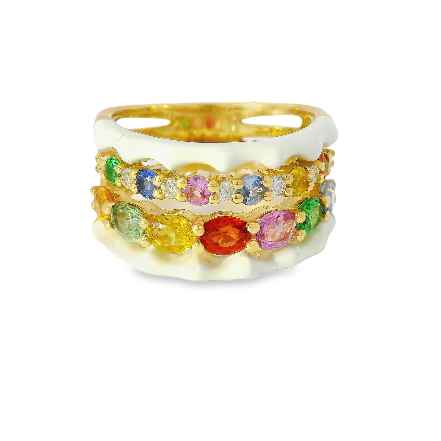 0.13CT Diamond and 0.25CT Multi Sapphire with White Enamel 14K Yellow Gold