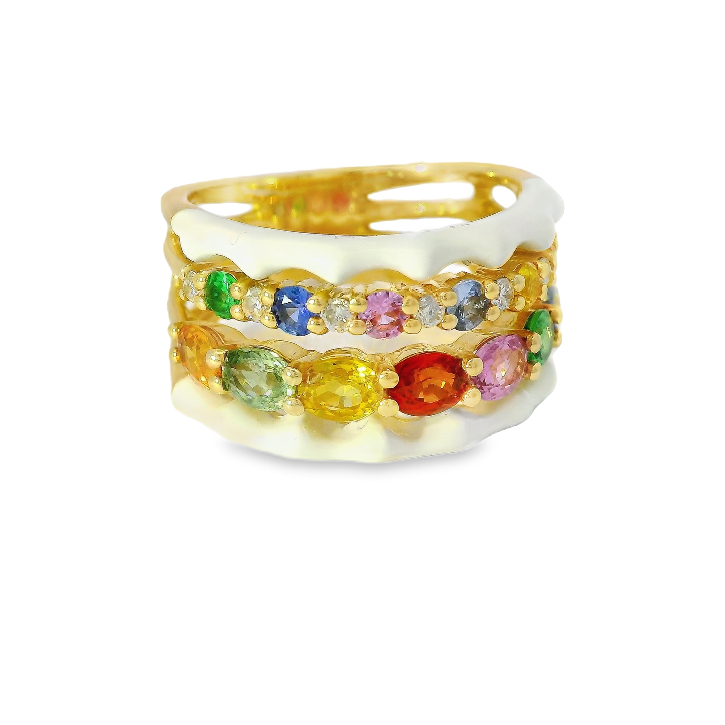 0.13CT Diamond and 0.25CT Multi Sapphire with White Enamel 14K Yellow Gold