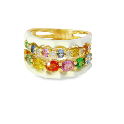 0.13CT Diamond and 0.25CT Multi Sapphire with White Enamel 14K Yellow Gold