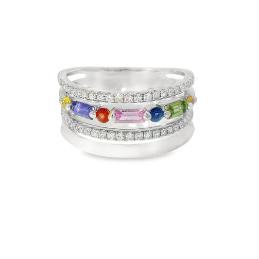 0.26CT Diamond and 0.64CT Multi Sapphire Gemstone Ring 14K White Gold