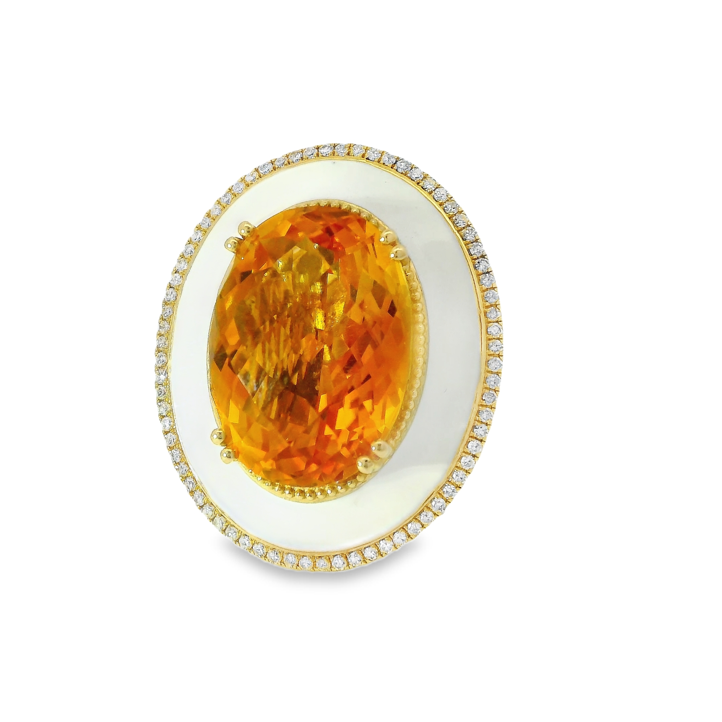 0.29CT Diamond and 12.80CT Gold Citrine with White Enamel Ring 14K Yellow Gold