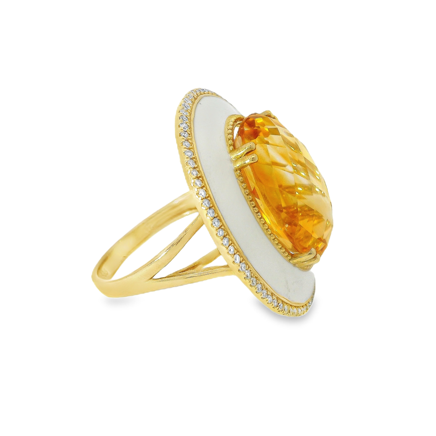 0.29CT Diamond and 12.80CT Gold Citrine with White Enamel Ring 14K Yellow Gold