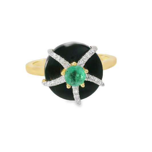 0.08 CT Diamond  and 0.23CT Emerald with Black Agate Ring 14K Yellow Gold