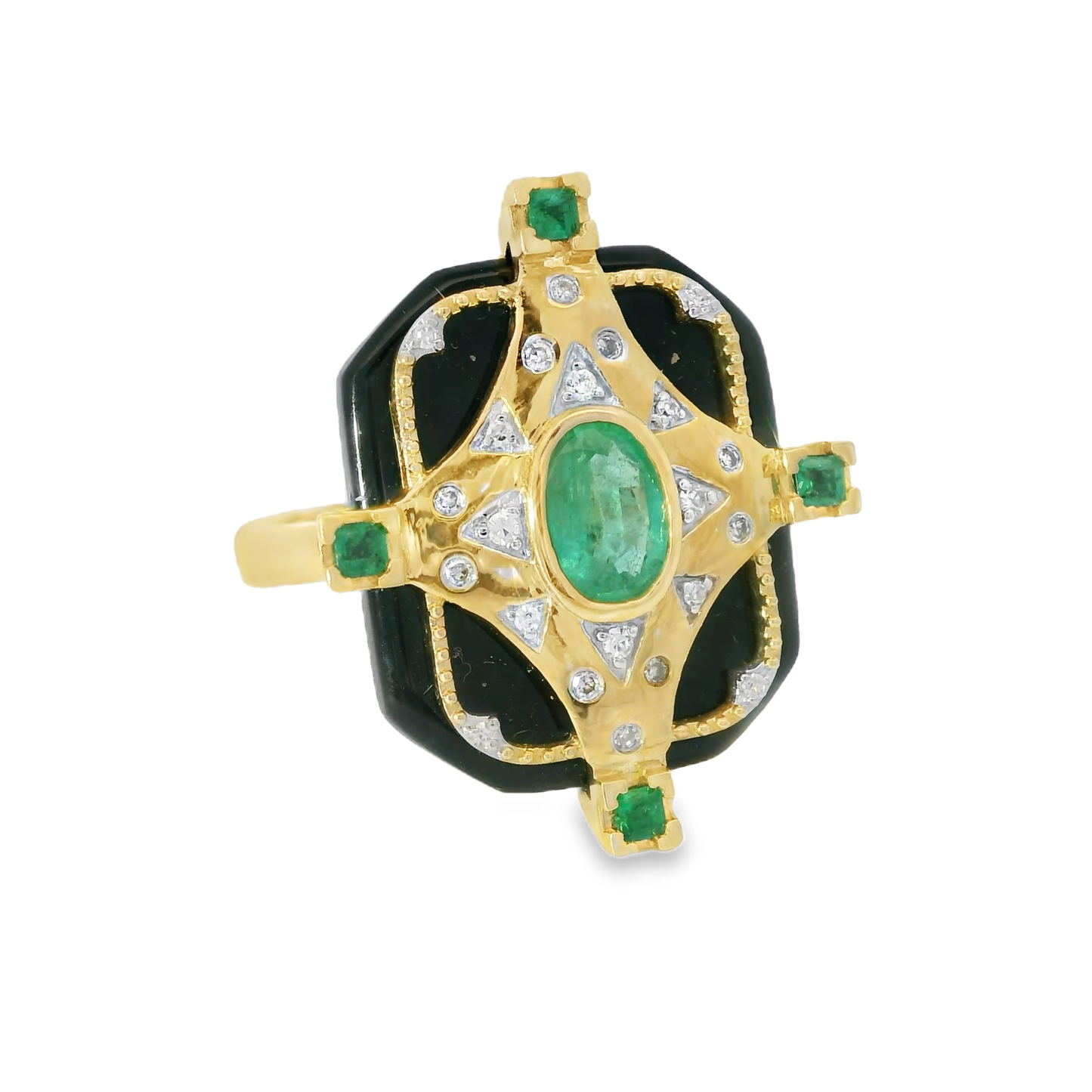 0.10CT Diamond and 0.16CT Ruby with Black Agate Ring 14K Yellow Gold