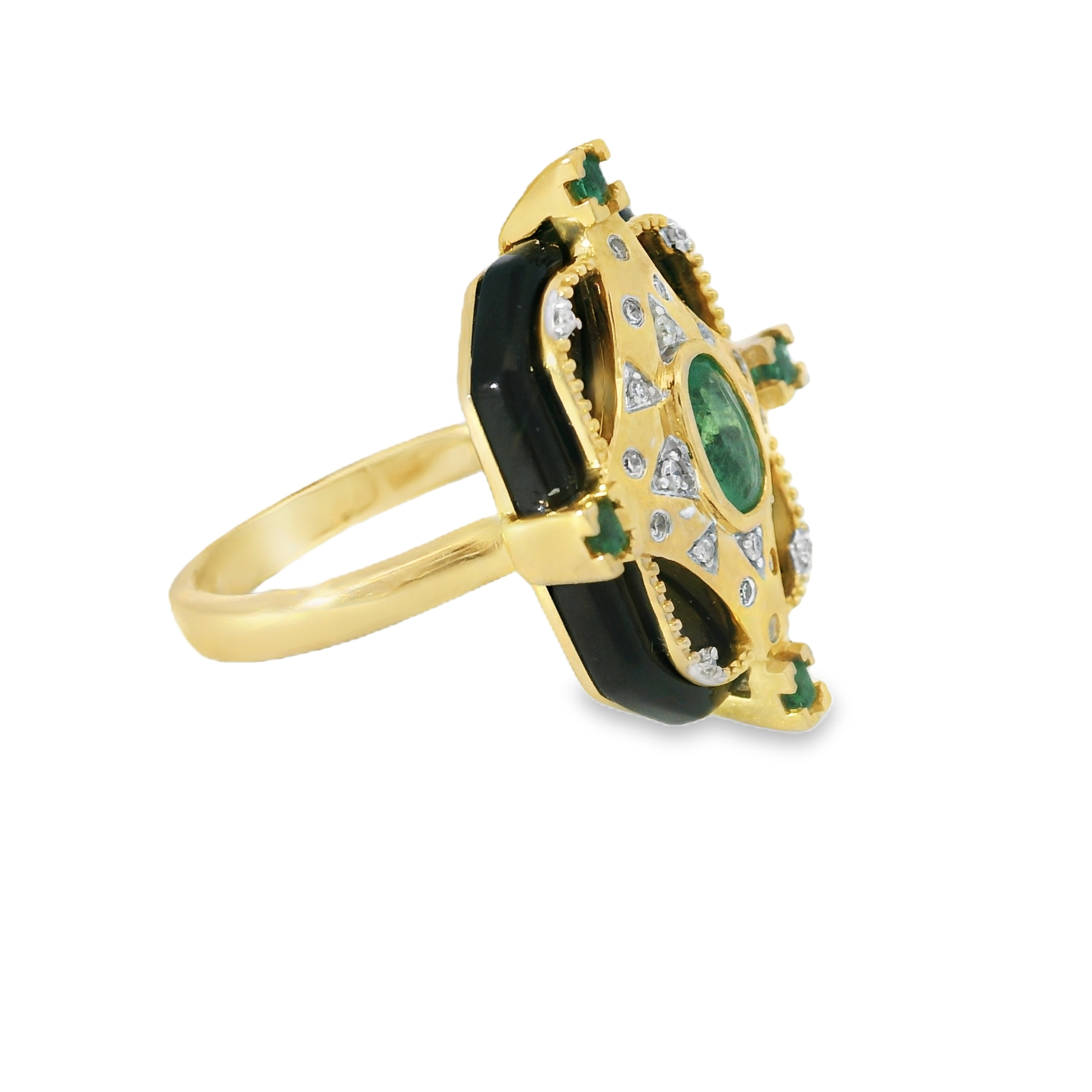 0.10CT Diamond and 0.16CT Ruby with Black Agate Ring 14K Yellow Gold