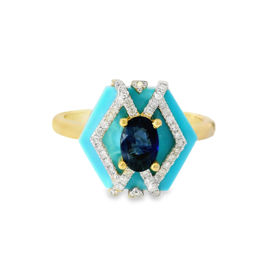 0.14 CT Diamond with 0.4 8CT Blue Sapphire with Turquoise Agate Ring 14K Yellow Gold