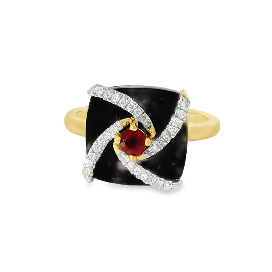 0.10CT Diamond and 0.16CT Pink Sapphire with Black Agate Ring 14K Yellow Gold