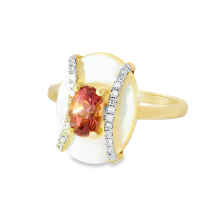 0.09CT Diamond and 0.50CT Pink Sapphire with White Agate 14K Yellow Gold