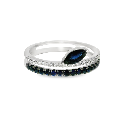 0.09CT Diamond and 0.55CT Blue Sapphire Ring 14K White Gold