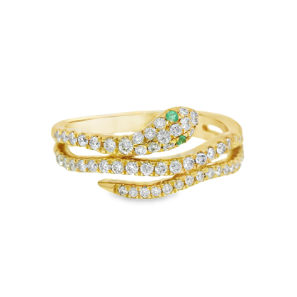 0.42CT Diamond and 0.03CT Emerald Serpent Ring 18K Yellow Gold