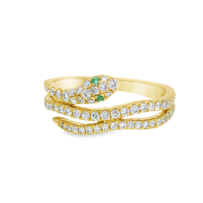 0.42CT Diamond and 0.03CT Emerald Serpent Ring 18K Yellow Gold