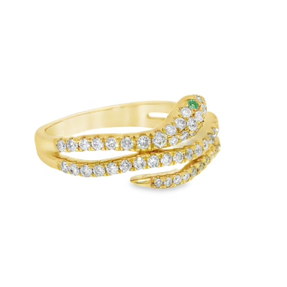 0.42CT Diamond and 0.03CT Emerald Serpent Ring 18K Yellow Gold