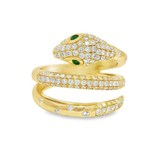 0.90 Diamond and 0.04CT Emerald Serpent Ring 14K Yellow Gold