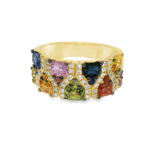 O.28CT Diamond Ring 2.16CT Multi Sapphire 14K Yellow Gold