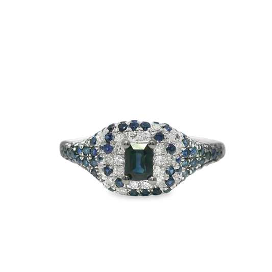 0.10CT Diamond & 0.83CT Blue Sapphire with Emerald Cut Blue Sapphire Centre Stone Ring 14k White Gold