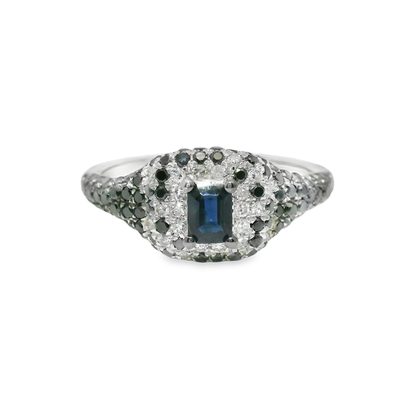 0.10Ct Diamond & 0.83CT Black & Blue Sapphire Ring 14k White Gold