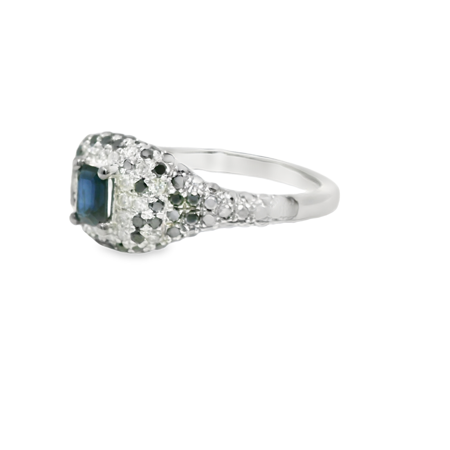 0.10Ct Diamond & 0.83CT Black & Blue Sapphire Ring 14k White Gold