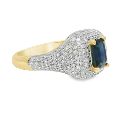 0.75CT Diamond & 0.85CT Emerald Cut Blue Sapphire Centre Stone Ring 14k Yellow Gold