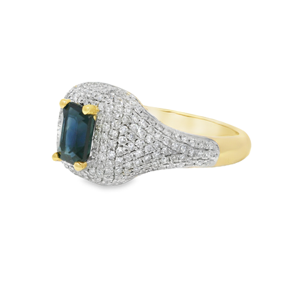 0.75CT Diamond & 0.85CT Emerald Cut Blue Sapphire Centre Stone Ring 14k Yellow Gold