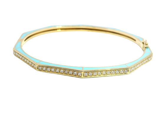 0.84CT Diamond Bangle with Turquoise Enamel 14k Yellow Gold