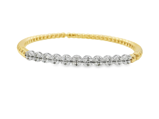 0.60CT Diamond 4 Stone Cluster ID Plain Beads Stretch Bangle 14k Yellow Gold