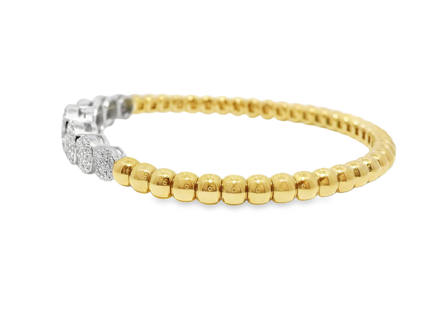 1.59CT Graduated Diamond disk Plain Beads Stretch Bangle 14k Yellow Gold