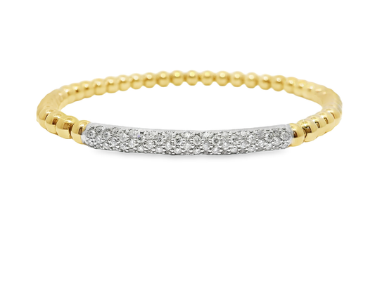 0.64CT Diamond ID Plain Beads Stretch Bangle 14k Yellow Gold
