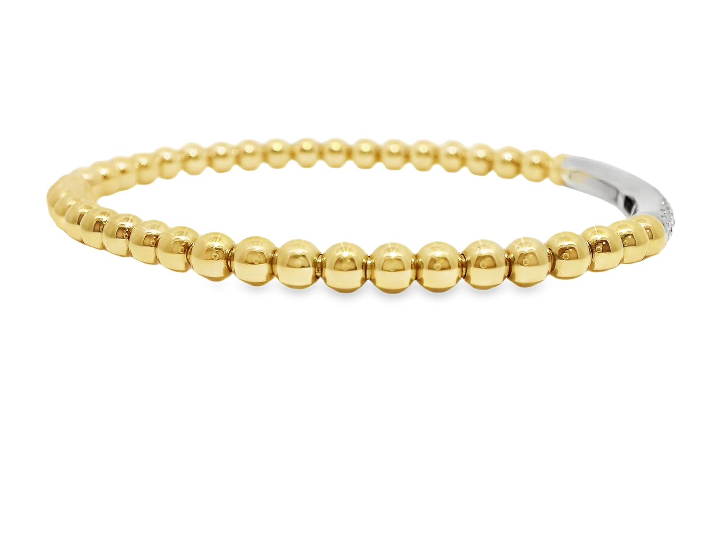 0.64CT Diamond ID Plain Beads Stretch Bangle 14k Yellow Gold
