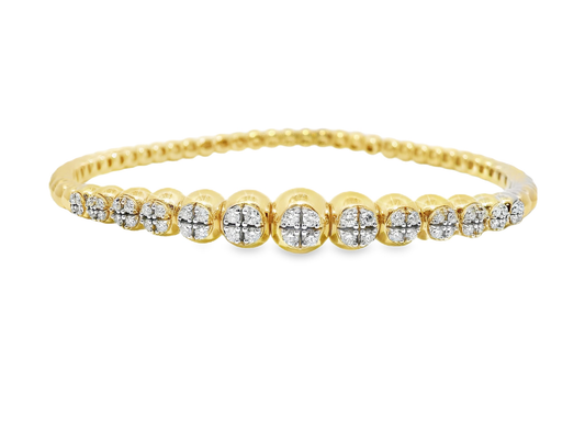0.69CT Diamond 4 Stone Cluster ID Plain Beads Stretch Bangle 14k Yellow Gold