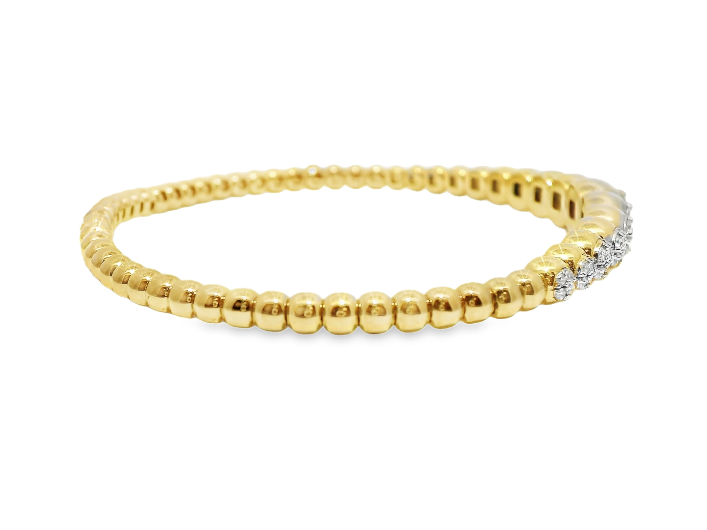 0.69CT Diamond 4 Stone Cluster ID Plain Beads Stretch Bangle 14k Yellow Gold