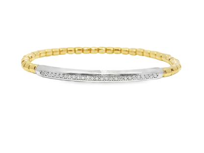 0.31CT Diamond ID Plain Beads Stretch Bangle 14k Yellow Gold